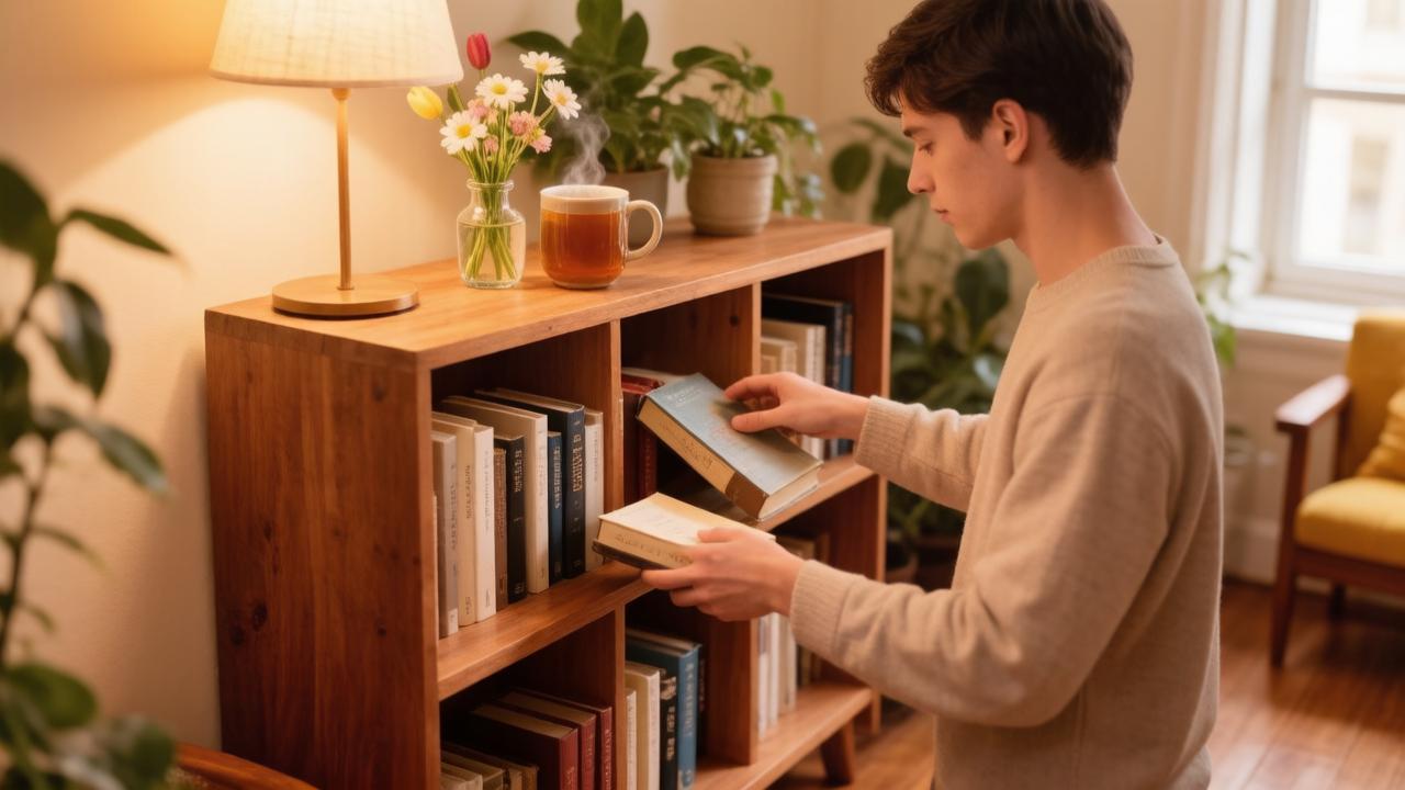 Человек наводит порядок на книжной полке в уютной комнате — иллюстрация к дню порядка и домашнего уюта.